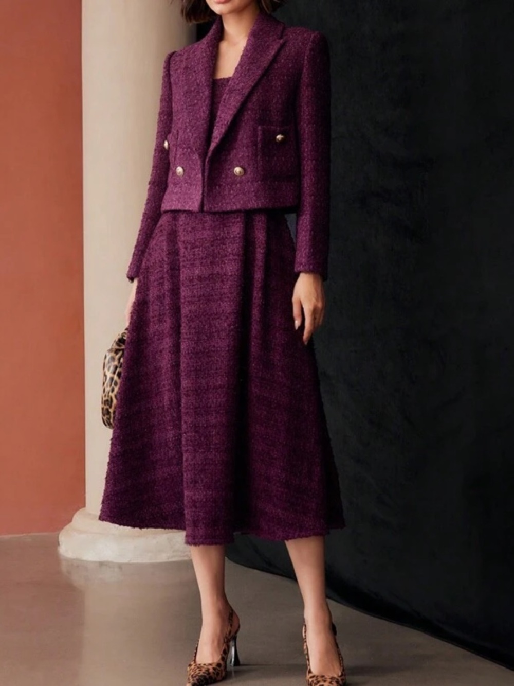 Elegant Women's Plum Dress and Blazer Set